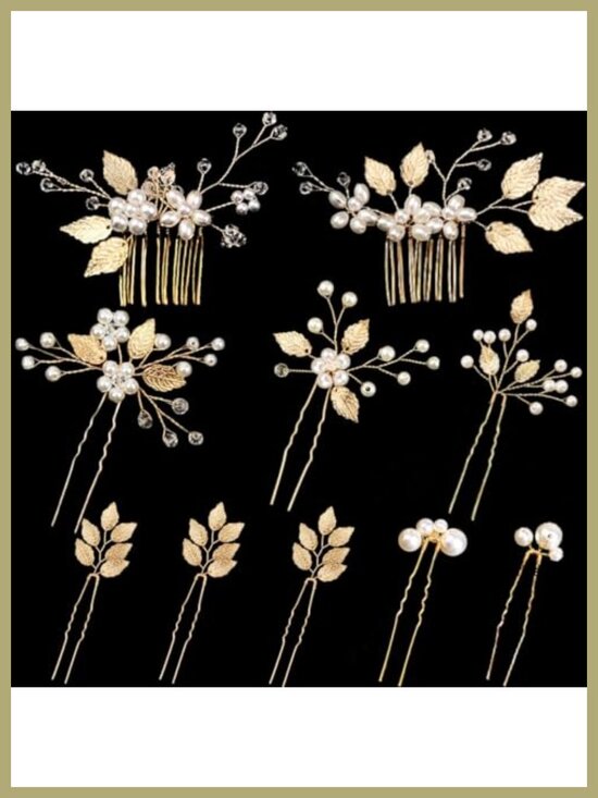 10 Piece Bridal Hair Pins Gold Leaf Wedding Headpiece with Pearl Rhinestone for